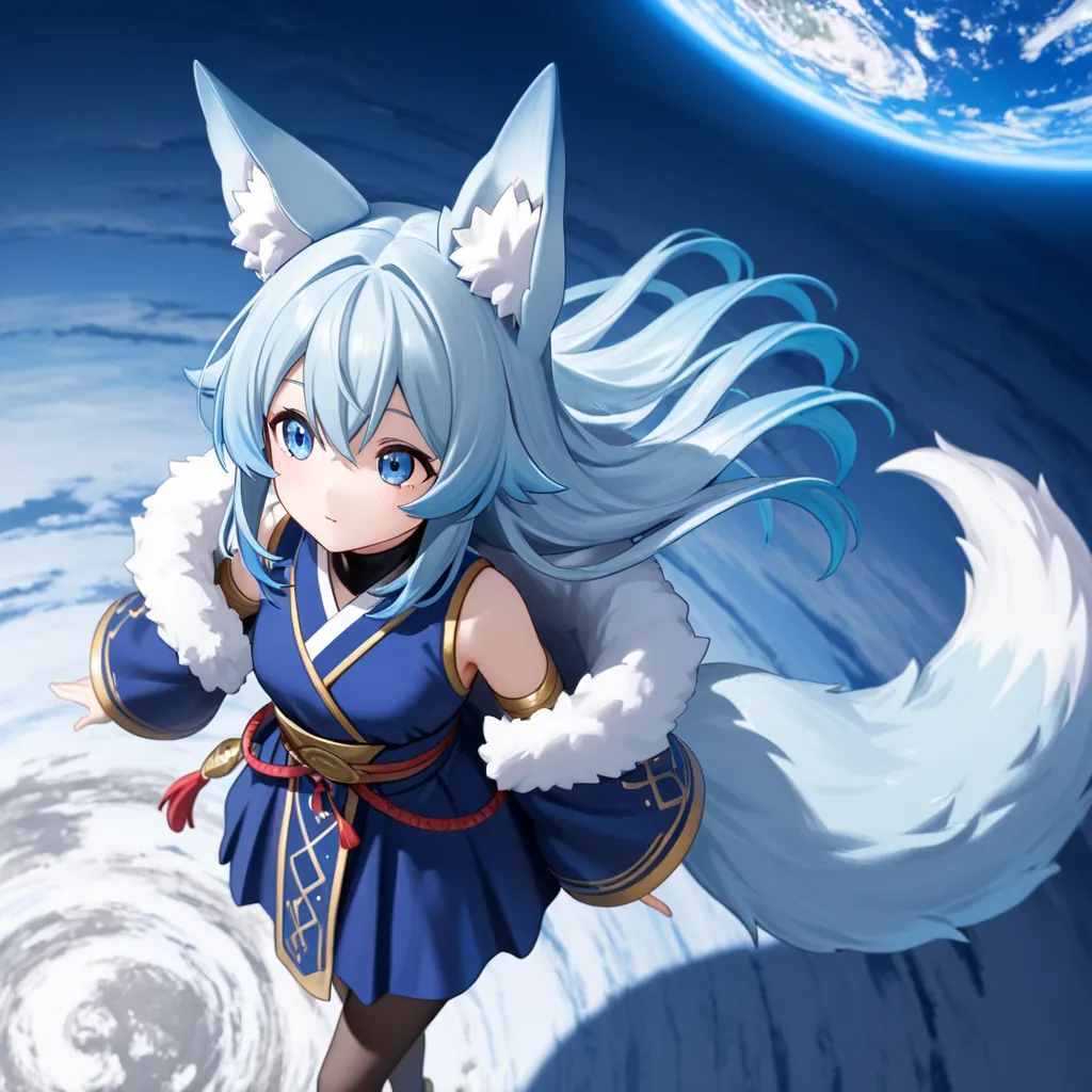 Io the Goddess of the Moon(She has gray-blue hair,  blue eyes, ears and a fox tail that is long and fluffy.), walking on the blue moon while observing planet Earth from afar.