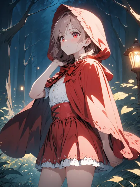  Little Red Riding Hood girl, Alone, The background is in the dense forest at night,  alert , miniskirt,  knee shot,