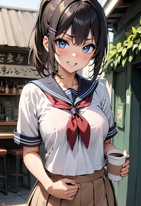 Commemorative photo of a girl ,  1 girl,   black hair, chiponytail，  hair clip,   girl,  uniform ,  sailor suit, Cafe:1.2, , Coffee cup in hand:1.4, Bullish face, mouths slightly open,  light and shadow with great attention to detail,   Background Blur :1....