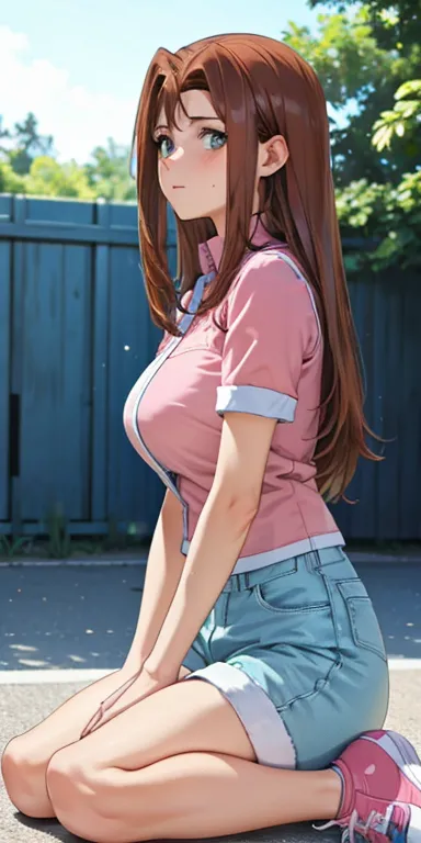   1 female, High Definition, High resolution,    ultra-realistic    ,8K, serenidaddm  ,   long hair,   brown hair,     pink shirt  , blue shorts,   gray eyes,   big breasts,  blue sneakers  ,  big breasts,European,sexy,  Close-up of the upper body,    phot...