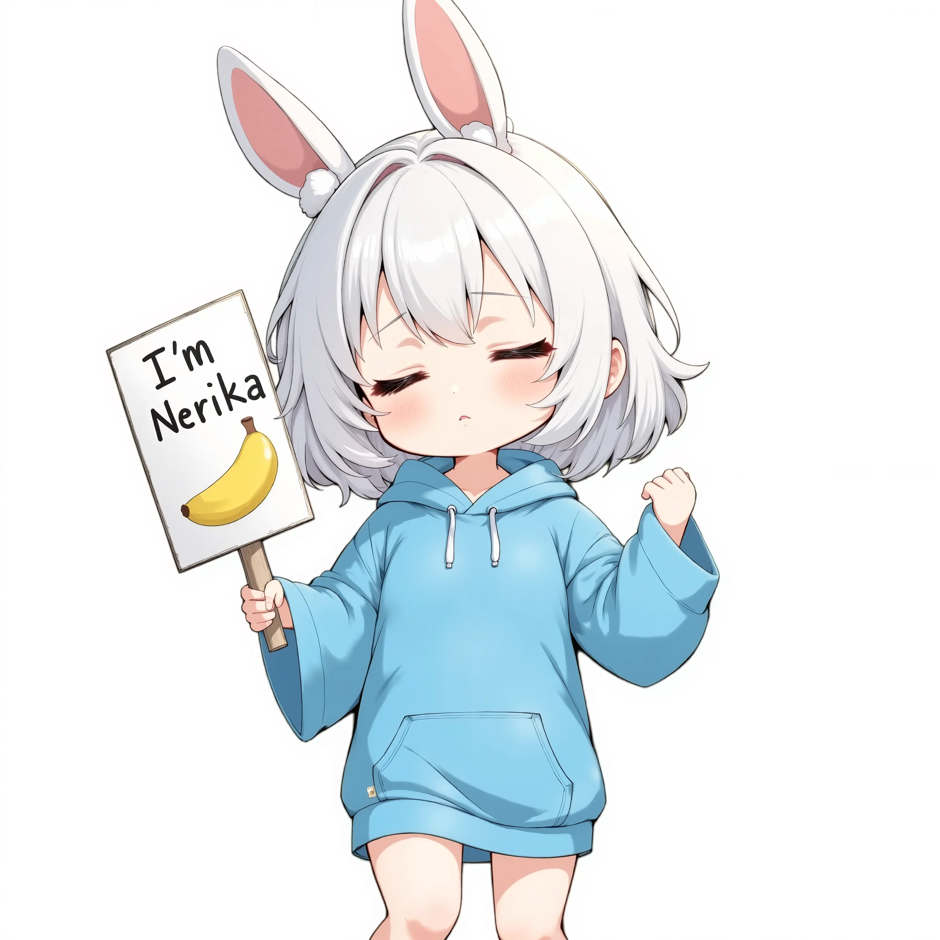 Sleepy little character wearing a blue wide-fit knee-length hoodie,look at viewer,She is standing in the center of the screen.In one hand, she holds a sign with the words "I'm Nerika" ​​and a banana icon on it. She puts her other hand on her hip, puffing o...