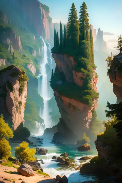  masterpiece, fantasy environment, Waterfall of great proportions, giant trees.  beautiful sky and rocks in the distance. Adventure landscape .  Top quality ,  Detailed.