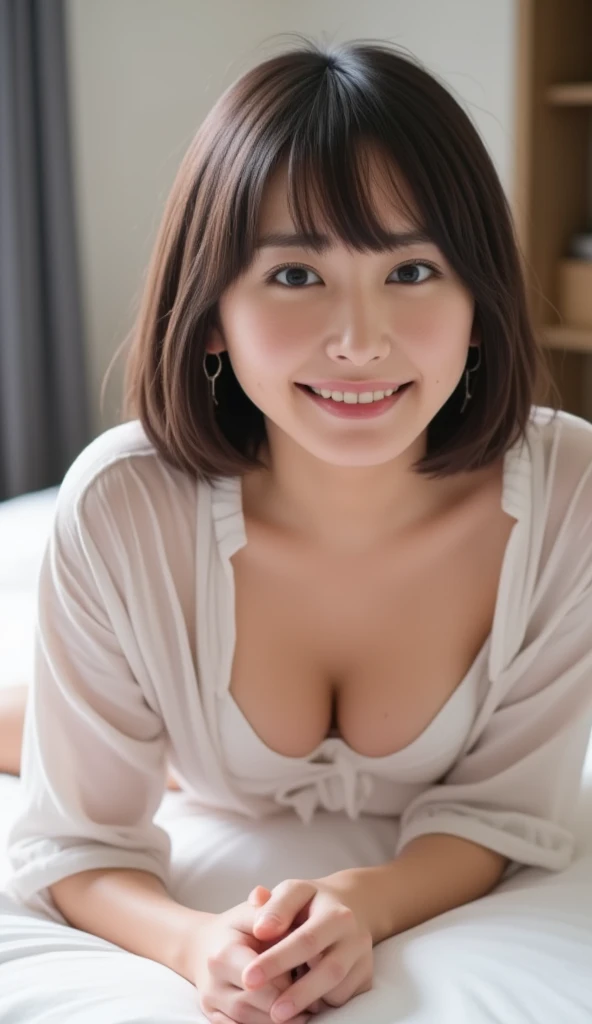 (((  low angle shot 、 biologically accurate images、   grin,:d,beam, lean forward  , loose open shirt 、 sexy lingerie))),   1 Japanese woman,  Lying down、   hotel room、   Indirect Lighting、 nudes,  completely naked, school uniform,pink nipple, thin waist、 b...