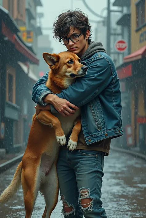 Create very high quality image, in drawing, Old comic book style, With a serious tone for motivational videos: a young man with glasses, relaxed look, stripped, ripped pants, jeans jacket, hugging a stray dog in the rain, An exciting image 