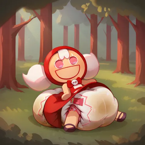 score_9_up, score_8_up, BREAK, CherryCookieRun, 1girl, solo, white hair, pink eyes, red hood, sleeveless dress, red dress, chibi, upper body, forest, smile, small curvy loli, big hips, big diaper, messy diaper, enormous saggy bulging diaper, diaper keeps g...