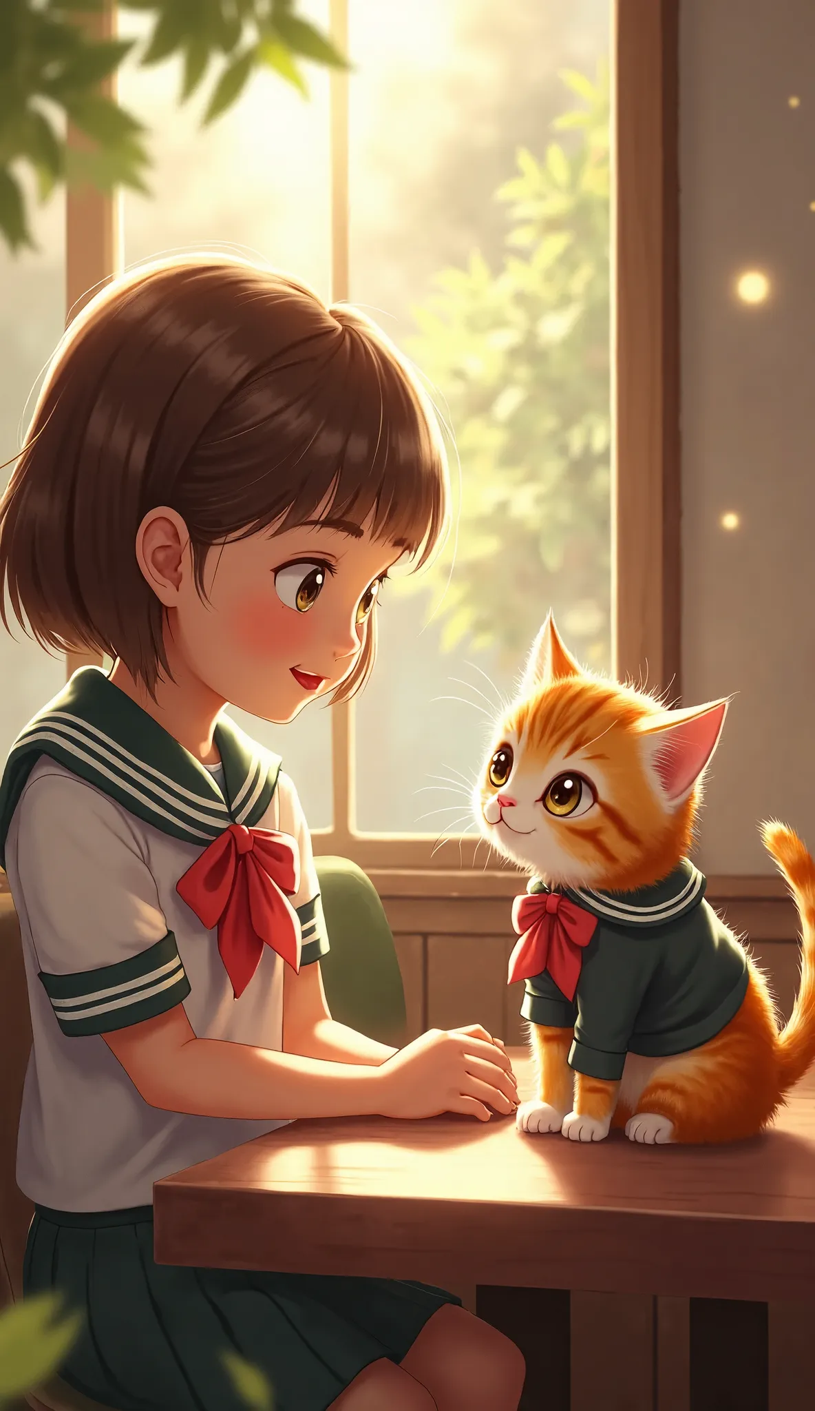 kitten (kitten cat orange , girl, cute, dressed schoool unifrom) Sitting in a cafe while talking to his friend