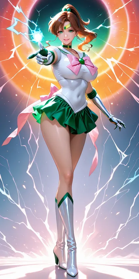 Masterpiece, newest, vibrant, very aesthetic, high contrast, mature woman, sailor jupiter\(sailor jupiter\), tall , big breast, white sailor senshi uniform (white sailor senshi uniform shirt, white sailor senshi uniform gauntlets, white sailor senshi unifo...