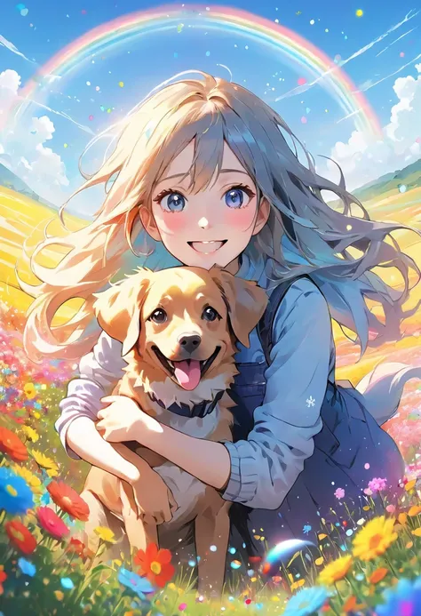 (Anime: 1.2) Cute and surreal girl with closed mouth looking happily into the camera, cute woman playing with dog, vast fields with vibrant flowers in the background, blue sky with light particles and rainbow snowflakes floating in the air. Smiling woman, ...