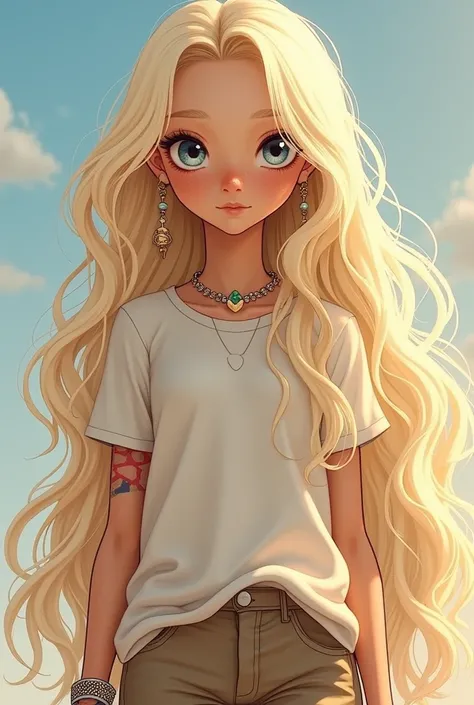  a  girl, with long, wavy hair of an almost platinum blonde, that shine like gold under the sunlight.  Her eyes are light blue , almost crystalline, and seem to capture light in a mesmerizing way.  She has clear and soft skin , with a few spots of freckles...