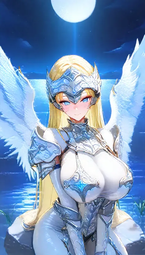 A Swan Female ,Perfect body,Oppai, (Yellow hair, long hair, straight hair), White Swan Metal Forehead Protector, Blue eyes, (A pair of Swan White Wings:1.7), Wearing A White Swan Metal Knight Armor, Sitting on a stone in the prairie, Lakeside,full blush,Mi...