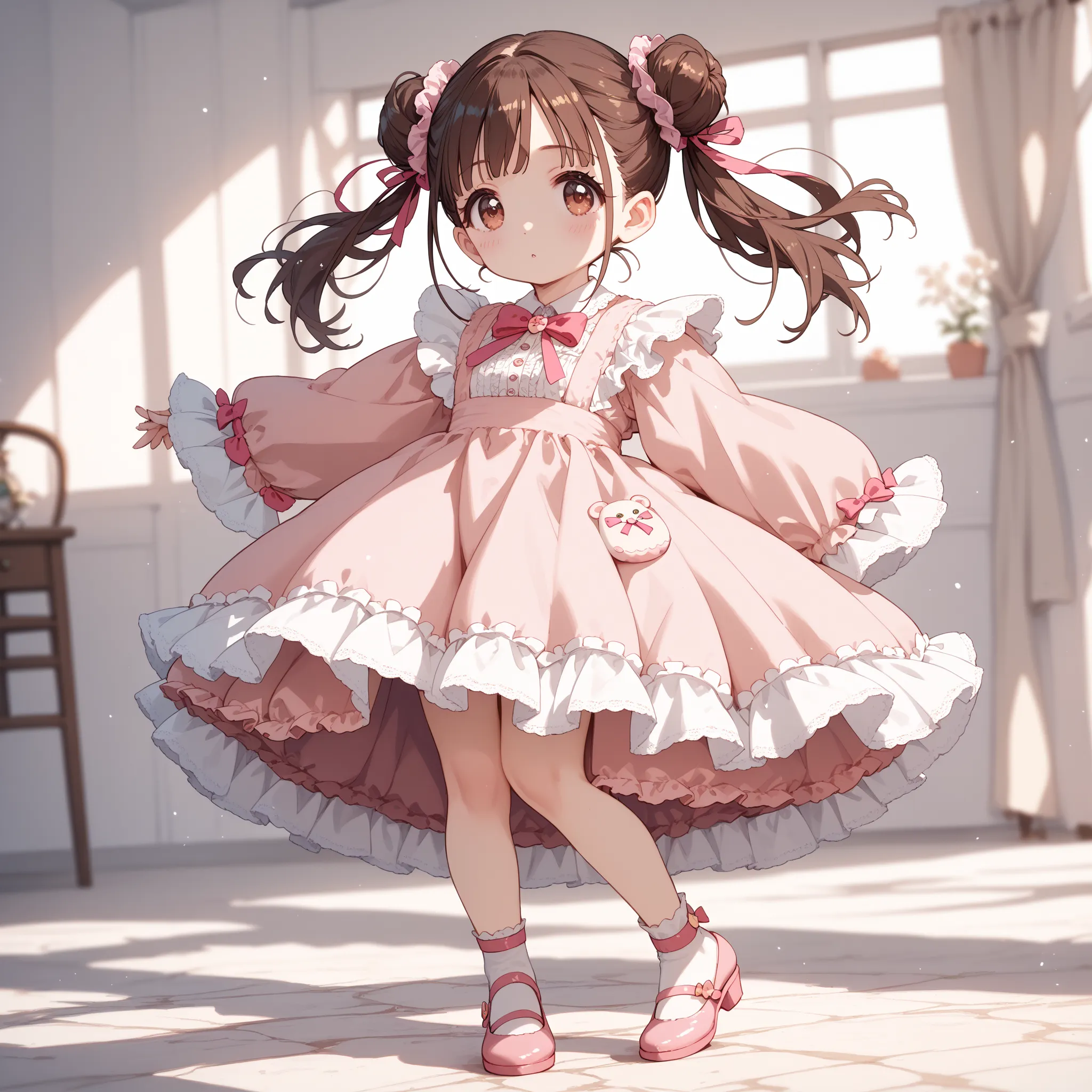 (shiny body=:1.0),(full body=:1.0),(1 girl,solo,sonoda chiyoko,double bun,twintails,brown eyes,brown hair=:1.0),(satin baby doll=:1.0),(ultra detailed,best quality,absolutely resolution=:1.0)