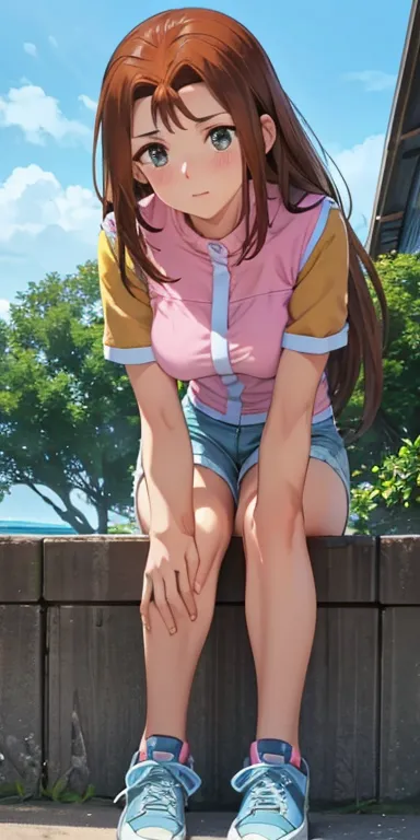   1 female, High Definition, High resolution,    ultra-realistic    ,8K, serenidaddm  ,   long hair,   brown hair,     pink shirt  , blue shorts,   gray eyes,   big breasts,  blue sneakers  ,  big breasts,European,sexy,  Close-up of the upper body,    phot...