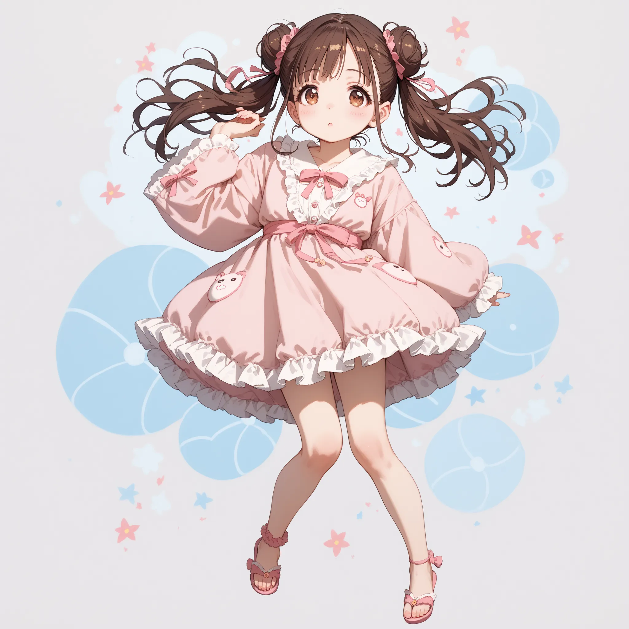 (shiny body=:1.0),(full body=:1.0),(1 girl,solo,sonoda chiyoko,double bun,twintails,brown eyes,brown hair=:1.0),(Silk Pajama Set  =:1.0),(ultra detailed,best quality,absolutely resolution=:1.0)