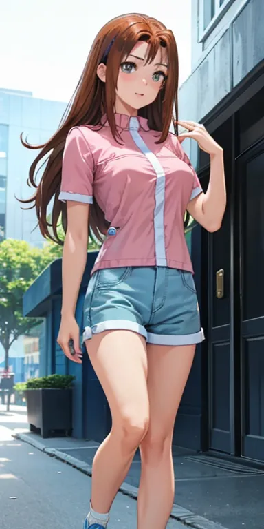   1 female, High Definition, High resolution,    ultra-realistic    ,8K, serenidaddm  ,   long hair,   brown hair,     pink shirt  , blue shorts,   gray eyes,   big breasts,  blue sneakers  ,  big breasts,European,sexy,  Close-up of the upper body,    phot...