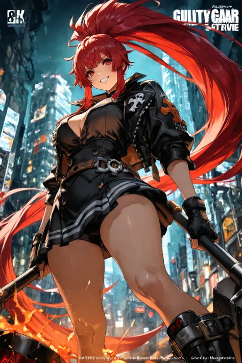 4K, Game's Magazine Cover, Guilty Gear strive Style, 1 girl, chains around her, extreme large Long hair (Enormous Ponytail), can colored hair, big bosom, buxom, jacket (with impressive details), shirt, belt (large),  skirt, undershorts, spiked boots, holdi...