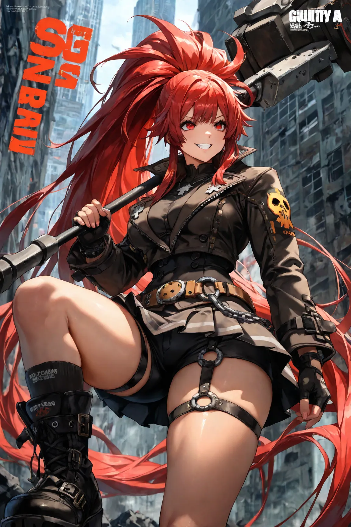 4K, Game's Magazine Cover, Guilty Gear strive Style, 1 girl, chains around her, extreme large Long hair (Enormous Ponytail), can colored hair, big bosom, buxom, jacket (with impressive details), shirt, belt (large),  skirt, undershorts, spiked boots, holdi...