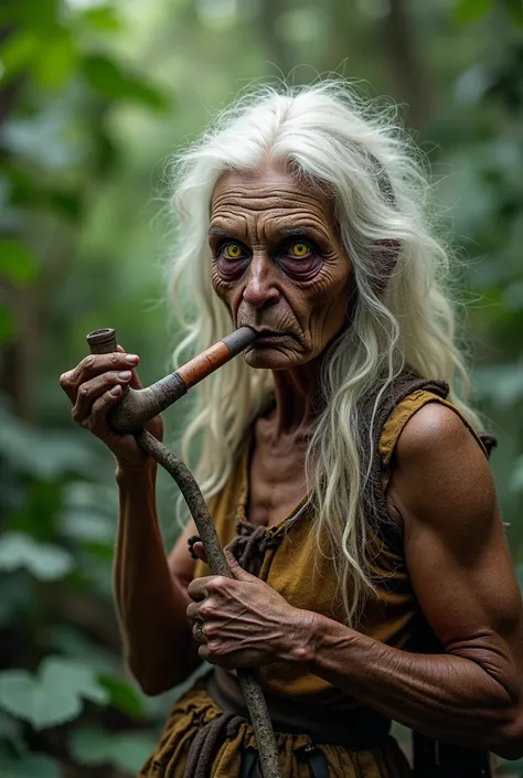   old,  Brown skin, dirty and extremely wrinkled, feia, Eyes with yellow irises,  white hair, bulky, very long and disheveled, long and disheveled, wearing women's costume from the 17th century, old, torn in rags,  in the foreground ,  front view, holding ...