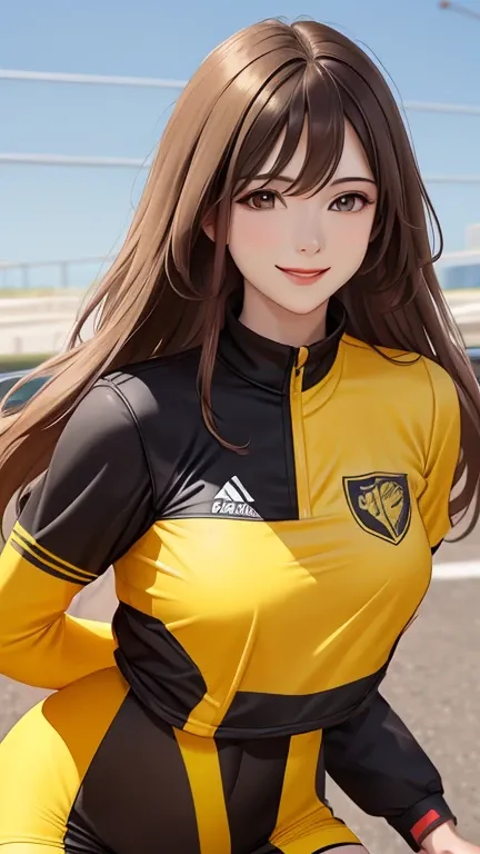 woman , long hair golden brown, normal, she is solo, from alternative world ,best quality, realistic, cycling yellow black suit and cycling sports black shorts, she is stand , smile, red lipstick , helmet 