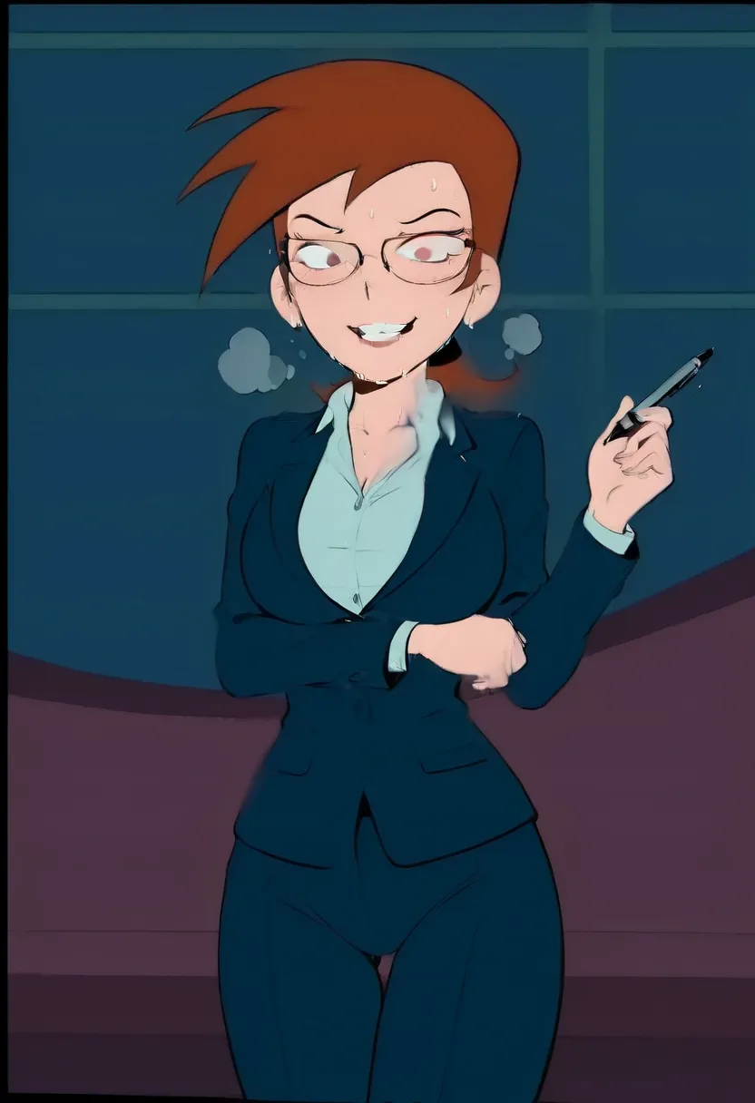 Vicky from the cartoon Fairly Oddparents with glasses wearing an office suit with her chests open and holding a pen and sweating because of the heat and with heavy breathing and looking with a naughty face and a bizarre smile