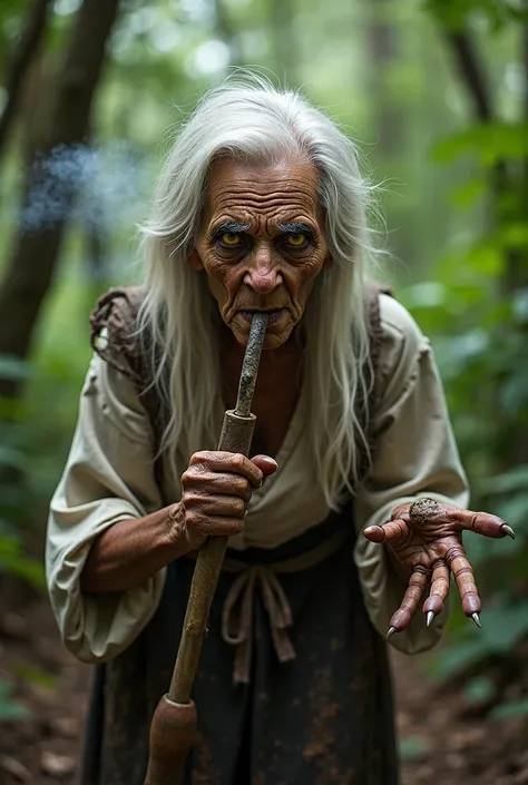  Old woman,  Brown skin, dirty and extremely wrinkled, feia, Eyes with yellow irises,  white hair, bulky, very long and disheveled, long and disheveled, wearing women's costume from the 17th century, old, Ripped in rags ,  in the foreground ,  front view, ...