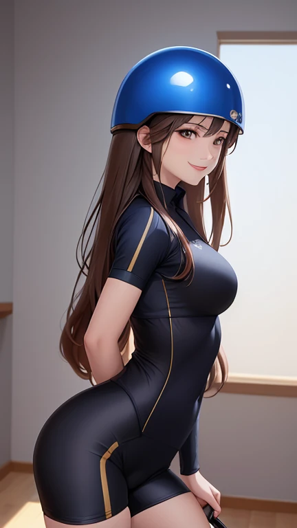 woman , long hair golden brown, normal, she is solo, from alternative world ,best quality, realistic, cycling dark blue black suit and cycling sports black shorts, she is stand , smile, red lipstick , helmet 