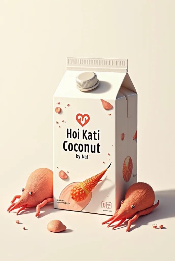 Coconut milk box with hoi kati by Nat text on the box with 2-3 shellfish