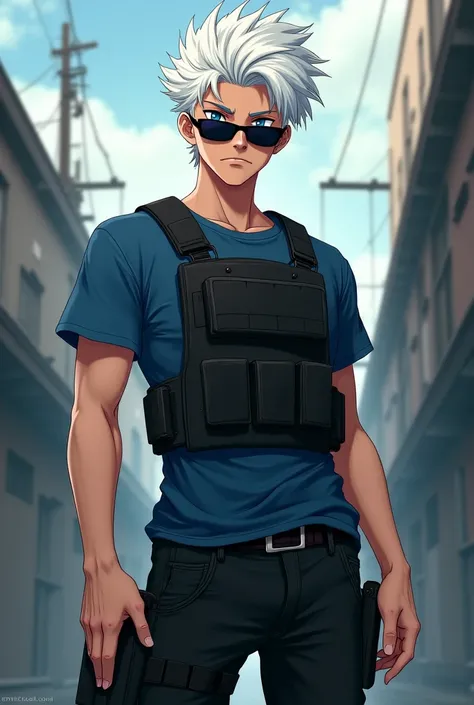 Male anime character with white hair, short sleeve blue shirt and with a bulletproof vest over black pants and black sunglasses. 