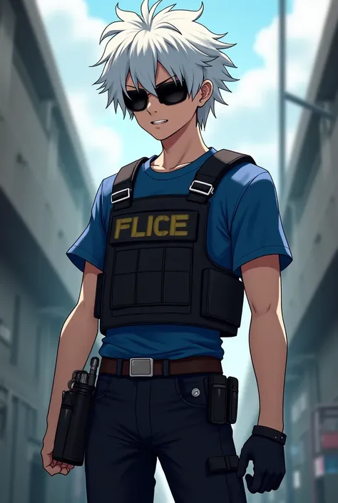 Male anime character with white hair, short sleeve blue shirt and with a bulletproof vest over black pants and black sunglasses. 