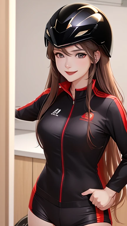 woman , long hair golden brown, normal, she is solo, from alternative world ,best quality, realistic, cycling red black suit and cycling sports black shorts, she is stand , smile, red lipstick , helmet 