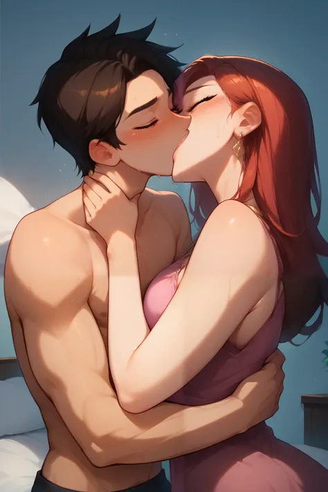Boy and girl aggressively kissing and making out, on bed, night time, curious, nervous, blushing, sweating, first time