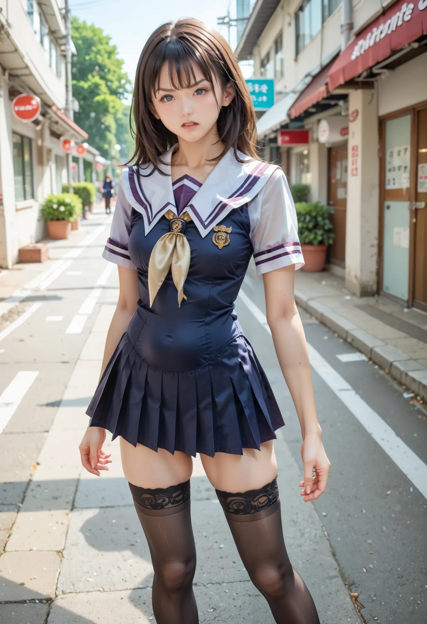 Iori Yoshizuki de I''s, high heels, stockings, school girl uniform, ultra slim body with big saggy breast, girl waits you at the school entry, angry girl because you are late, POV perspective, ultra sexy body, ultra cute girl, cute angry face, gorgeous ior...