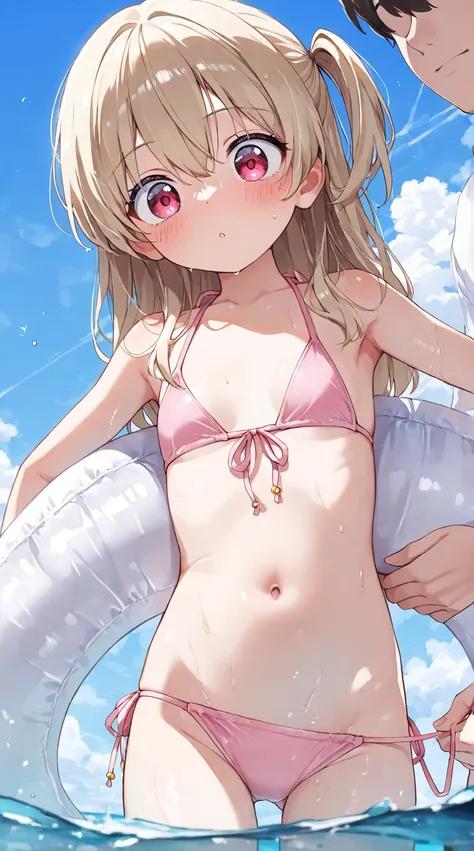 wading, blue sky、summer, Cumulonimbus, hugging swim ring,  loli, (side-tie bikini bottom, front-tie bikini top, untying another's string bikini from behind, wide-eyed, blush), (  1girl , slim, cute young woman,  delicate beautiful eyes , high definition , ...