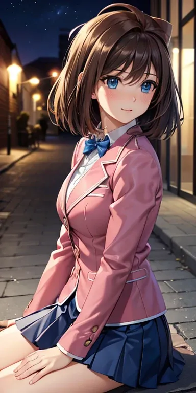  1 female,High Definition,High resolution,  ultra-realistic  ,8K, aamazaki, ( hair antenna:1.2), blue eyes, blue,  pink jacket, blazer,  Long Sleeves Leather, falda blue,  Skinny skirt ,  miniskirt, pleated skirt ,European,sexy, Close-up of the upper body,...