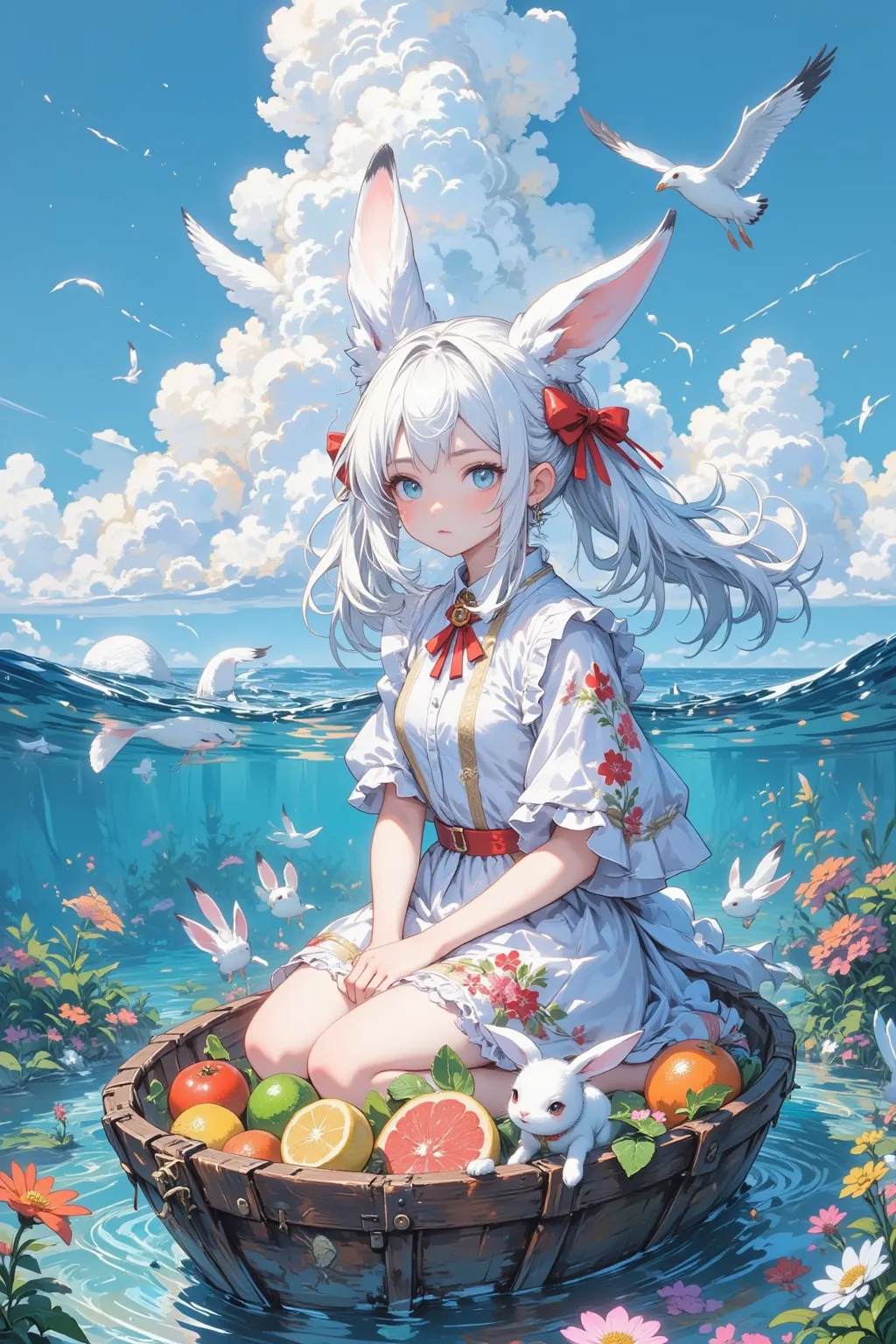 Rabbit girl sitting in a boat on the water,  INNOCENT EXPRESSION,A little rabbit next to a girl,Long white hair and hairy rabbit ears, Rabbit ears are inspired by the curled tips of leaves,Softly drawn fur, A cute dress with lots of frills and lace,The col...