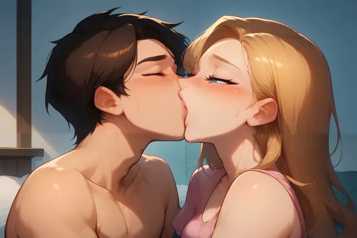 Boy and girl aggressively kissing and making out, on bed, night time, curious, nervous, blushing, sweating, first time