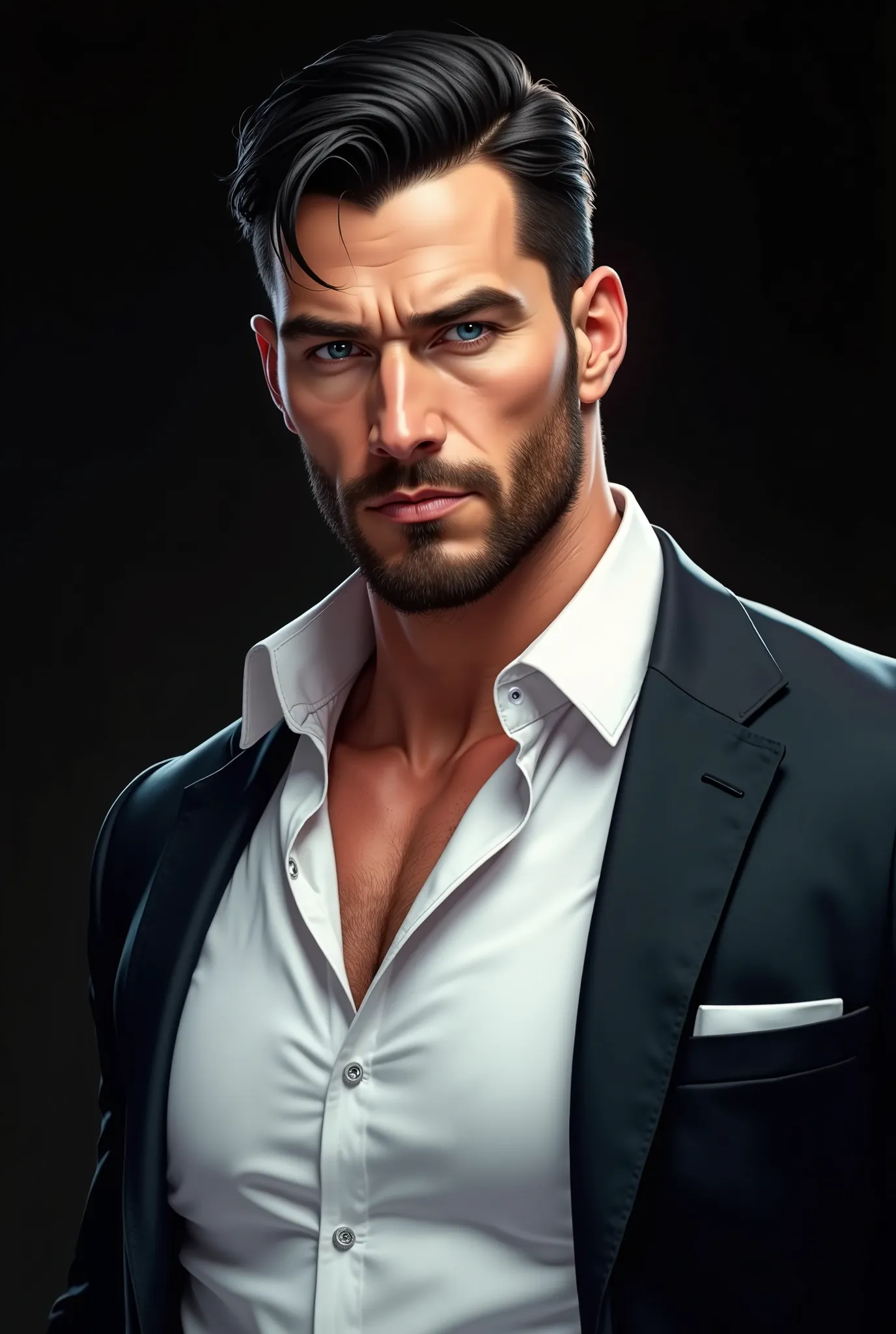 Beautiful muscular Caucasian man,  strong and tall like Superman,  with short black hair,  short beard and blue eyes , Powerful 30-year-old mobster, wearing a white shirt with a black jacket,  standing against a dark background ,  graphic illustration, det...