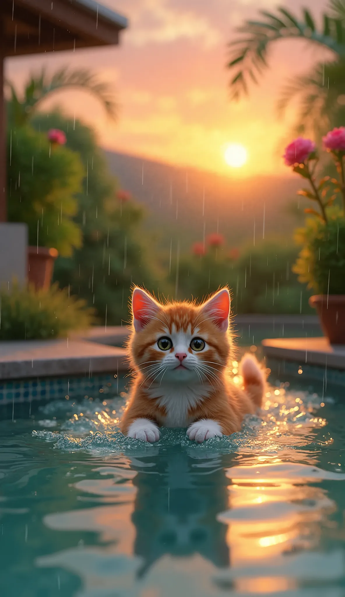 Cat, cute, take a leisurely swim in the pool, when it rains, sunset