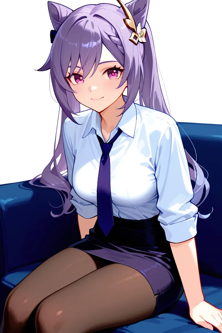 8k,masterpiece, best quality, ultra detailed, high resolution, super fine illustration,Keqing (Genshin impact), 1girl, solo, smile,purple eyes, purple hair, cone hair bun, double bun, braided bangs, long hair, medium breasts, necktie, collared shirt, penci...