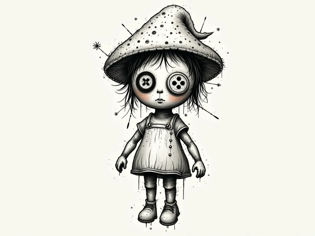 Tattoo design of a rag doll with a mushroom hat on her head, buttons in place of the eyes , Sketch style, scribbled, slot, design, black lines, decal, no shaded, pointillism, Distorted, design derretido,  surrealism