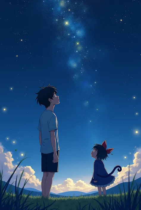 A man and a  looking at the stars in an anime version