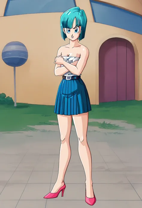  bulma, Saga de los Androides ,  short hair, aquamarine hair, bob cut style .,  water colored hair , Bangs,  blue eyes, attire, de Saga de los Androides  color rosa, pink strapless shirt ,  Pink Pleated Skirt  ,  bare shoulders,  front stop, serious guy. f...