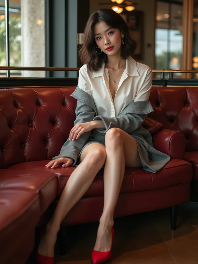 cute age Japanese woman sitting on a leather sofa，Shooting with a Close-Floor Viewing Angle、Perfect heel shape、panties can be seen at a viewing angle close to the floor、Big Breasts、 big breasts、 Chest Valley、Most Sexy、Seduction with Sensual Heels、 She's lo...