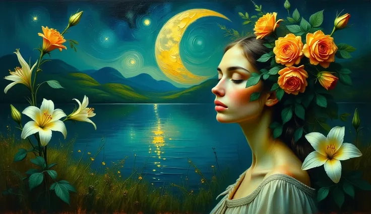 A surreal dreamlike scene of a serene woman with closed eyes, her face partially covered in lush green foliage and vibrant orange roses, seamlessly blending with a golden crescent moon that arches over her head. The landscape is a mystical twilight setting...