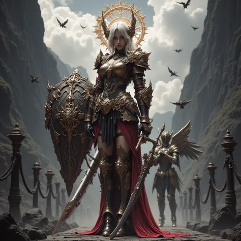 - Main Character, Adult Female "New Zealand", Beautiful, Tall, Long Legs, Halo Circle full of Gold luminous carvings.

- Wearing a costume ("Full Sexy Armor").
Chest and Thigh Armor slightly open.
Futuristic Costume Design.
Wearing a long Barn Red robe.

-...