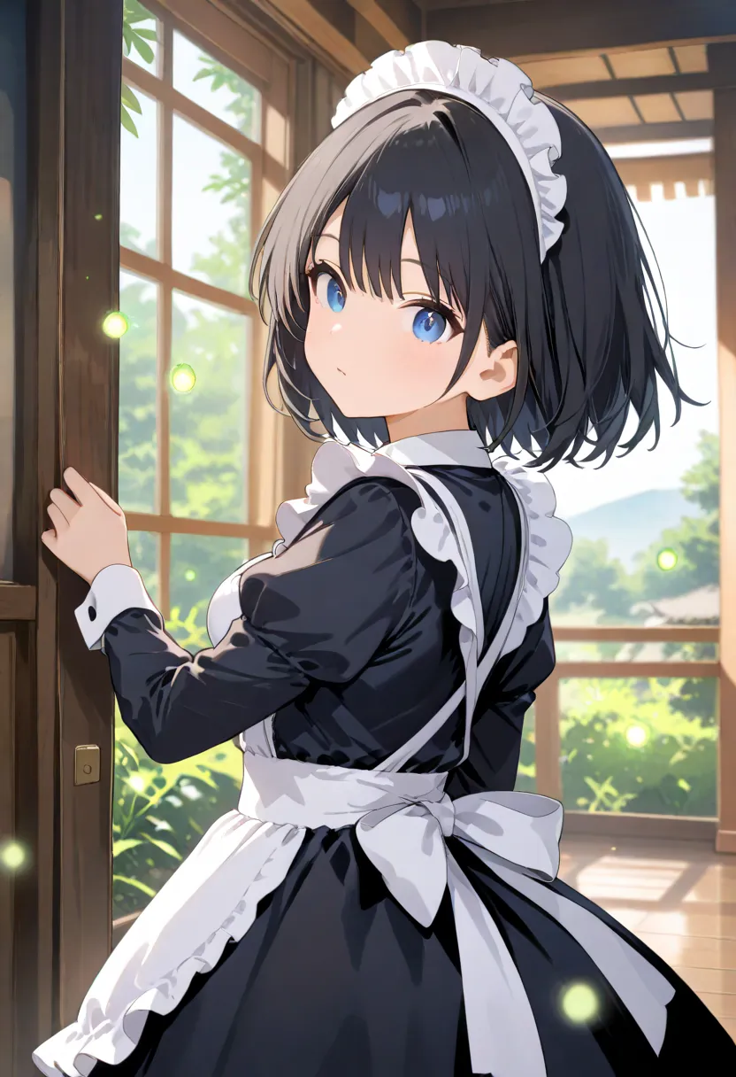 high quality high definition 8k 1 girl,Maid, black hair, short hair, blue eyes, black miniskade clothes, frills, energetic , look at this while turning around, Western-style architectural background, blur the background, the light of fireflies