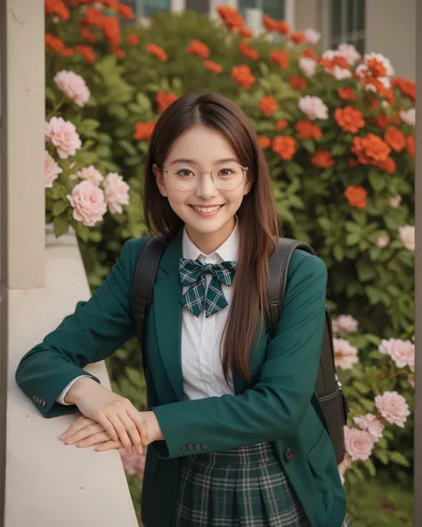 Masterpiece, hd, 1girl, realistic, wearing green blazer, white collared shirt, bow tie plaid skirt, wearing glasses, wearing backpack, smile, medium hair, brown eyes, Standing, outdoor 