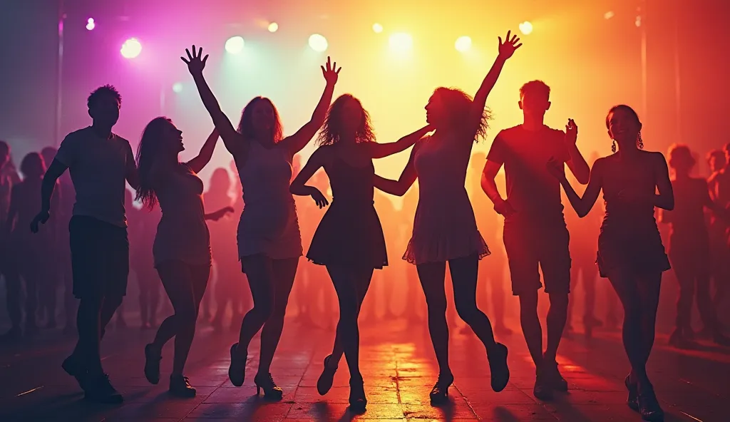 Silhouettes of people dancing freely to instrumental music, with colorful lights and shadows creating a dynamic and energetic scene. The dancers are expressive and joyful. Style: Silhouette art, vibrant colors, dynamic composition.