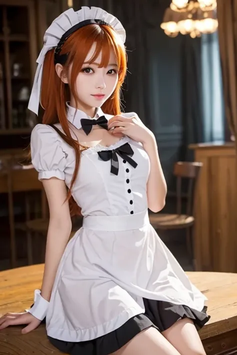 Masterpiece,  best quality ,  1 girl,  purple eyes,  orange hair,Maid headdress, Maid,