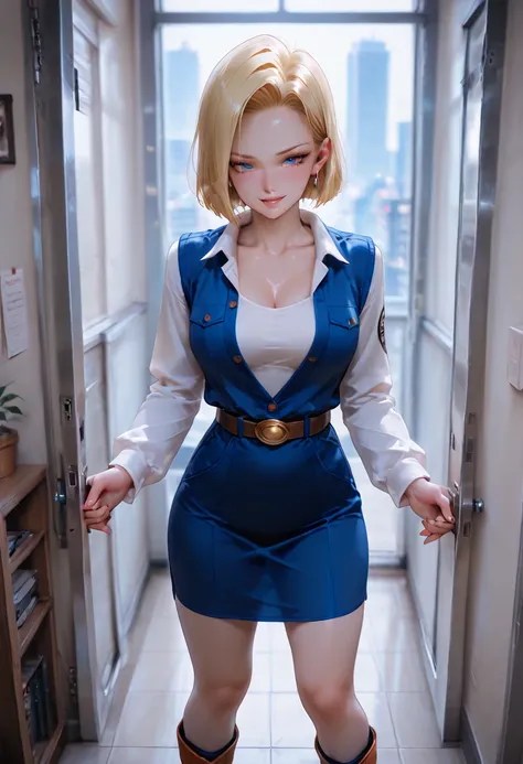 Android 18 from the anime Dragon Ball wearing an office suit with open chests and holding a pen and sweating because of the heat and with heavy breathing and looking with a naughty face and a bizarre smile