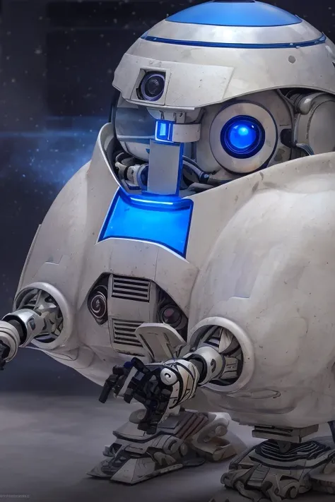 Close up shot of a small robot with a big head and a big body,  concept art ：Akihiko Yoshida, polycount, Neo-Dada, see. Kamekamacinarium , Pit Droid , hyper-realistic robot owl, There is a statue of a woman wearing an organic , Round robot,  manatee-shaped...